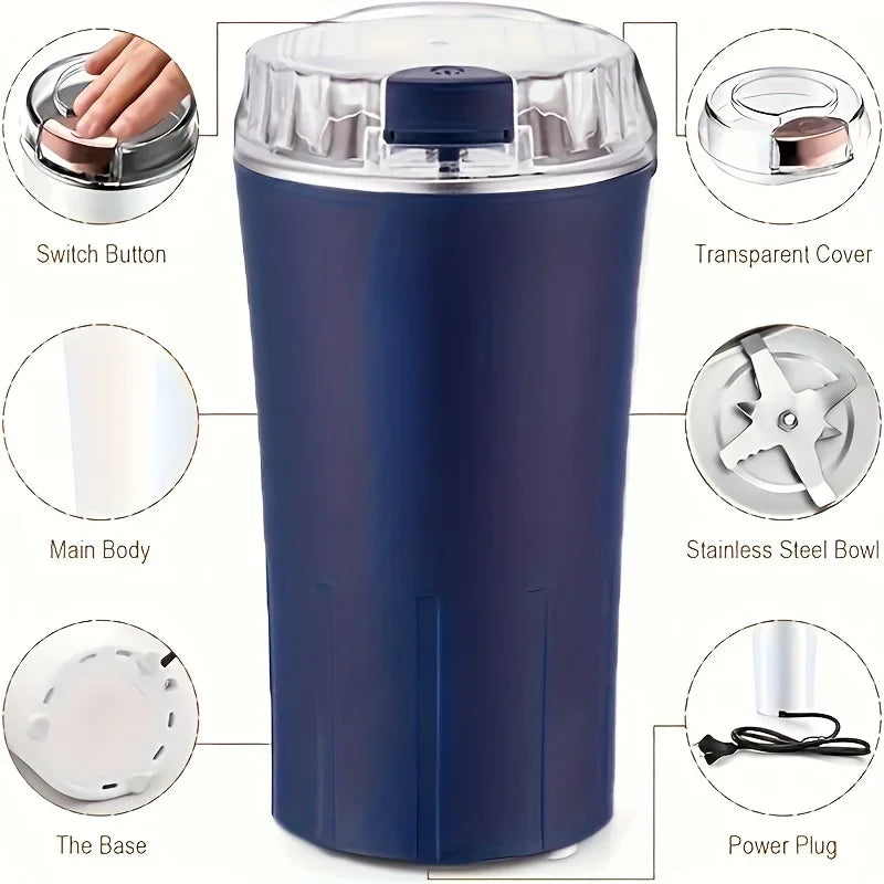Electric blue coffee bean grinder with transparent lid and one-press top switch