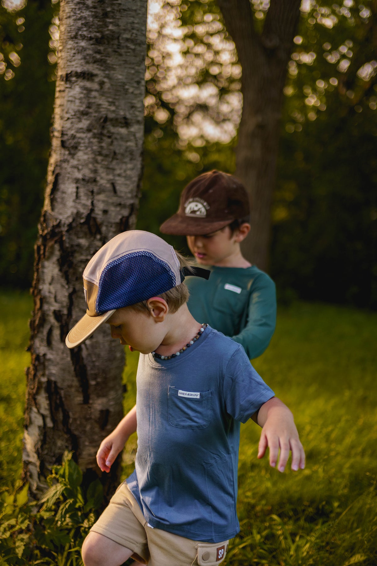 Kids blue bamboo T-shirt with small chest label and crew neck