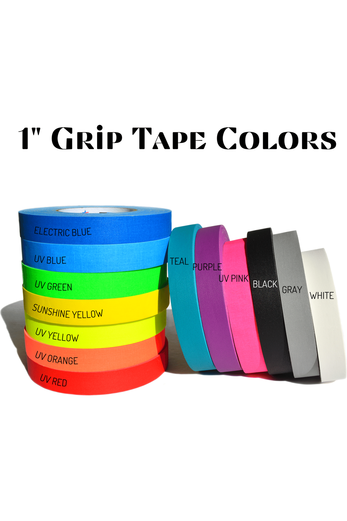 1-inch grip tape rolls in multiple colors, including blue, green, yellow, orange, purple
