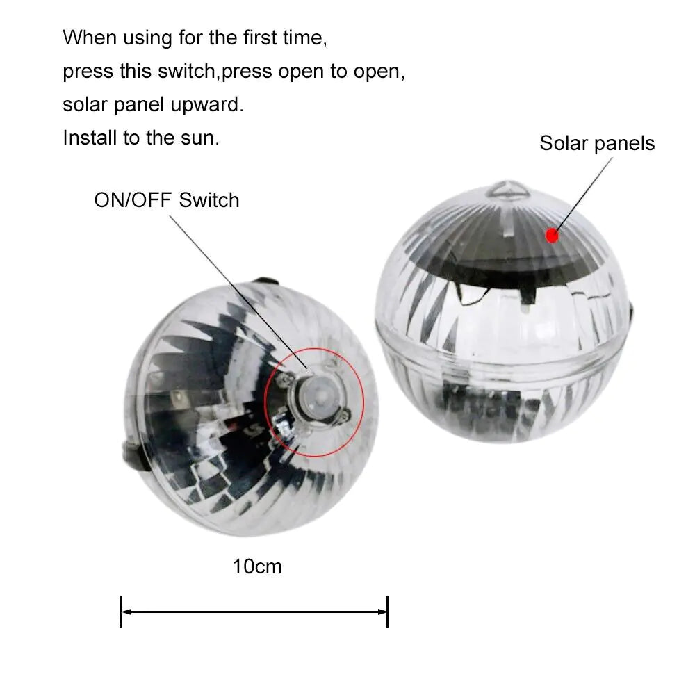 Clear solar LED floating lamp globe with on/off switch and 10cm size mark