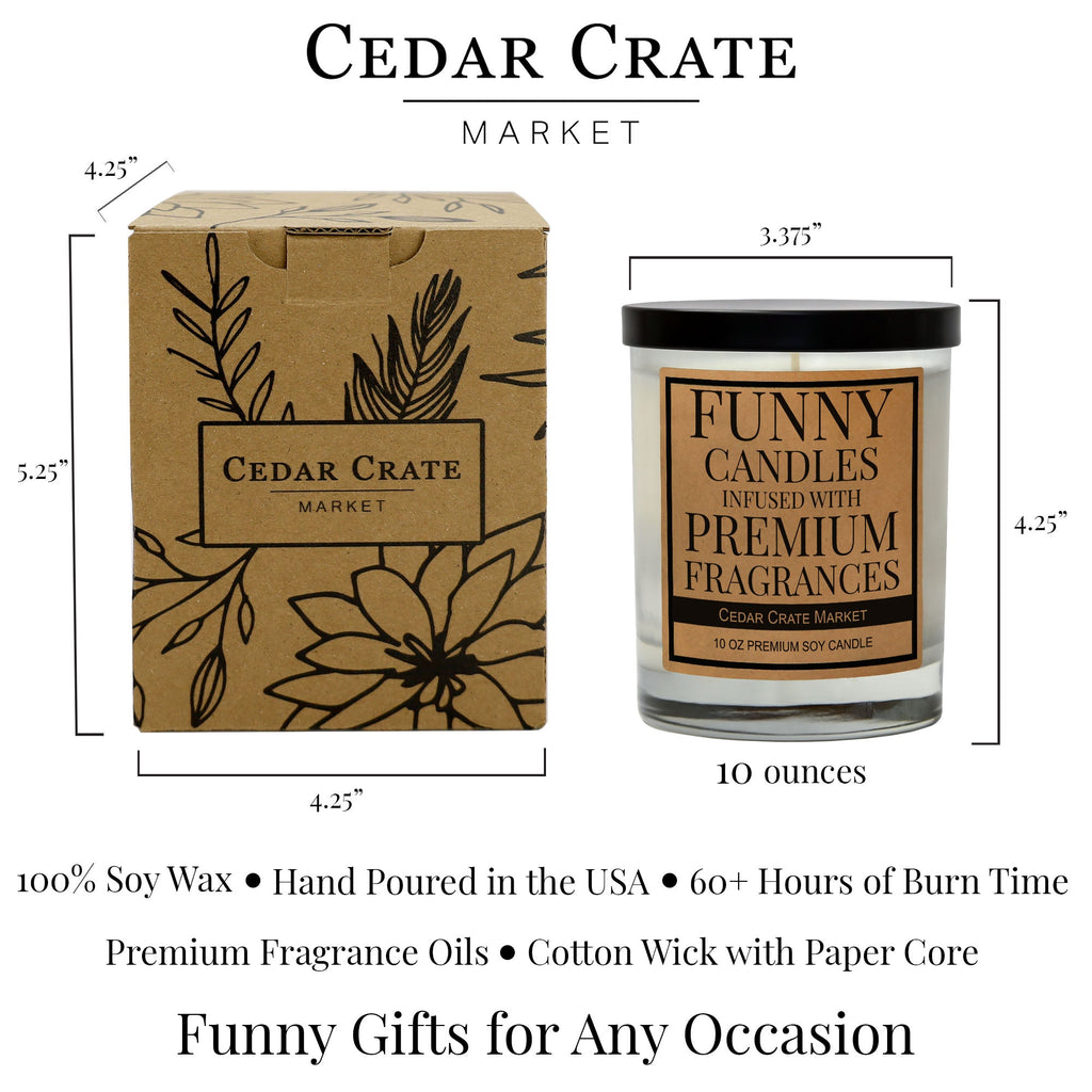 Cedar Crate Market candle size diagram with kraft gift box and jar, 10 oz