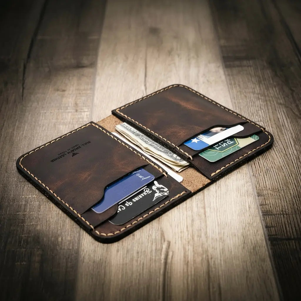 Brown leather vertical wallet open, card slots holding cards and folded notes