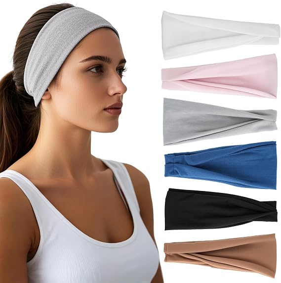 Six wide elastic hair bands in light grey and assorted colors