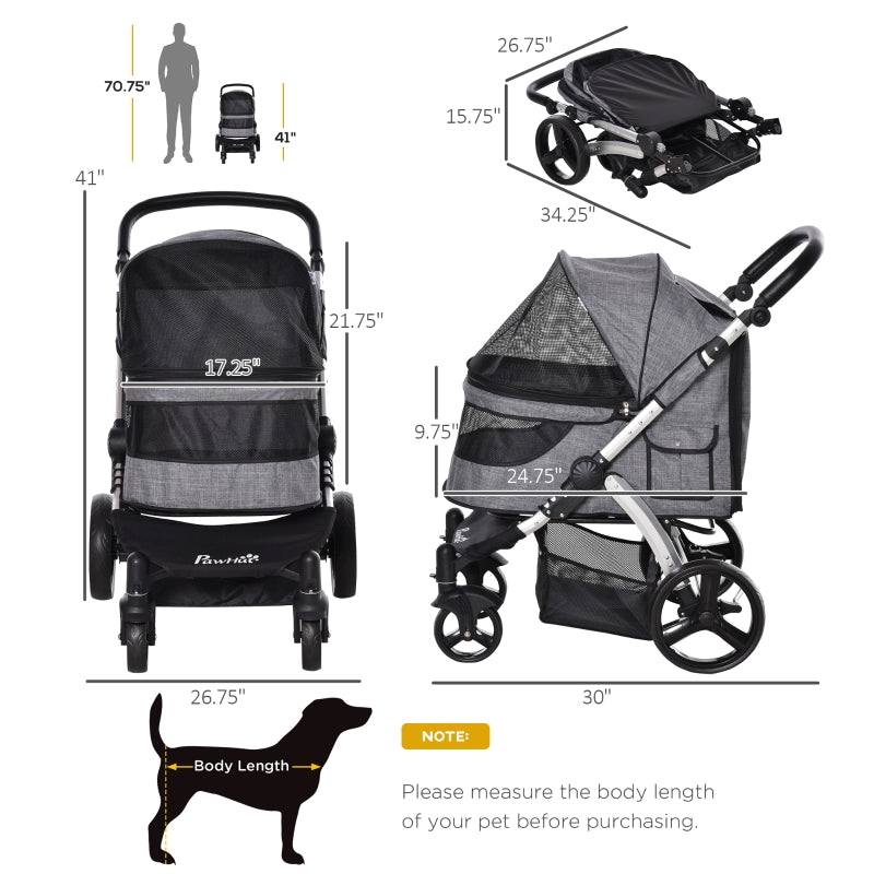Pet stroller size guide showing front, side, and folded views with dimension lines.
