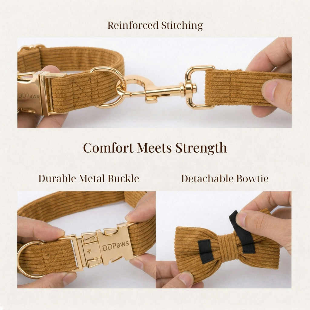 Caramel corduroy dog harness close-up with reinforced stitching and metal buckle
