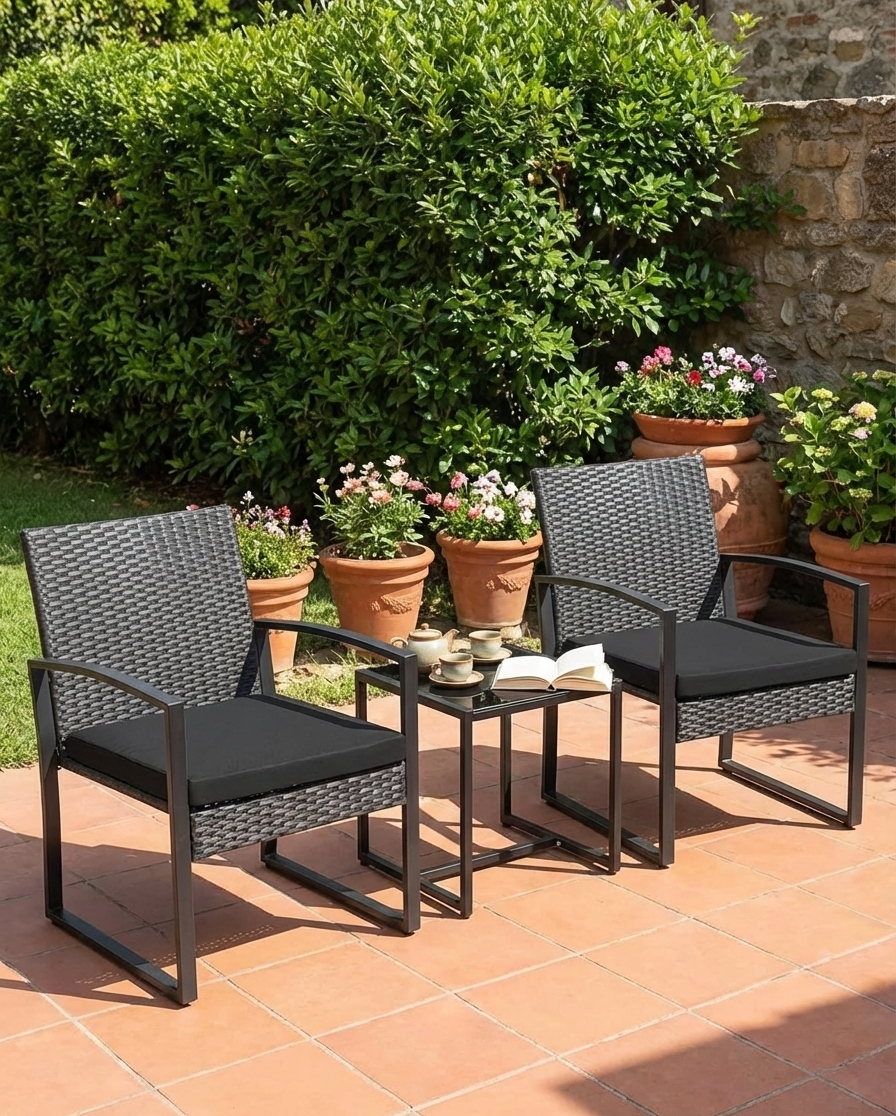 Outdoor wicker patio set: two dark chairs with cream cushions and glass-top square bar table