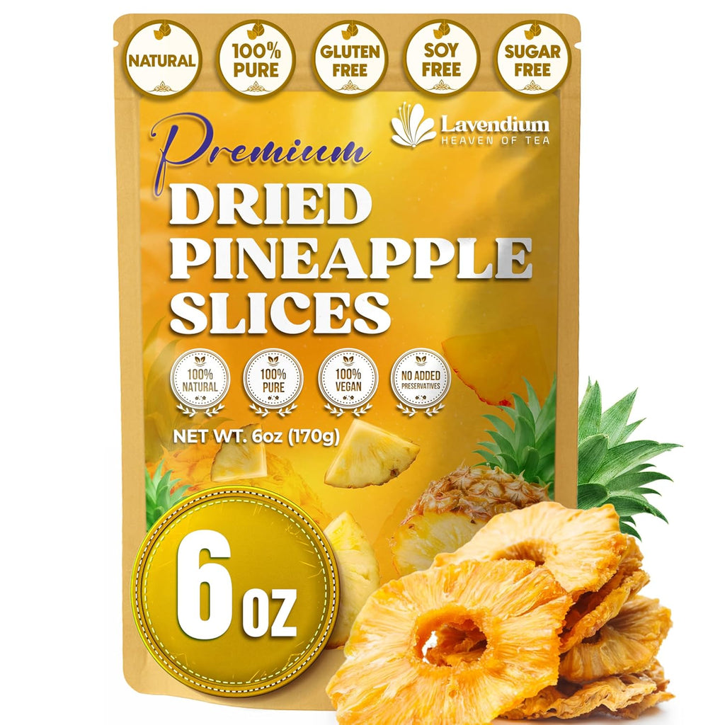 Dried pineapple slices, golden rings with center holes in a resealable 6 oz bag