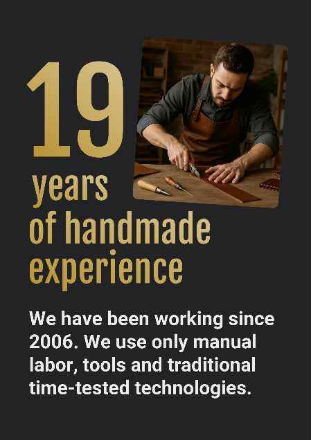 Black banner text: 19 years of handmade experience; small photo of craftsman