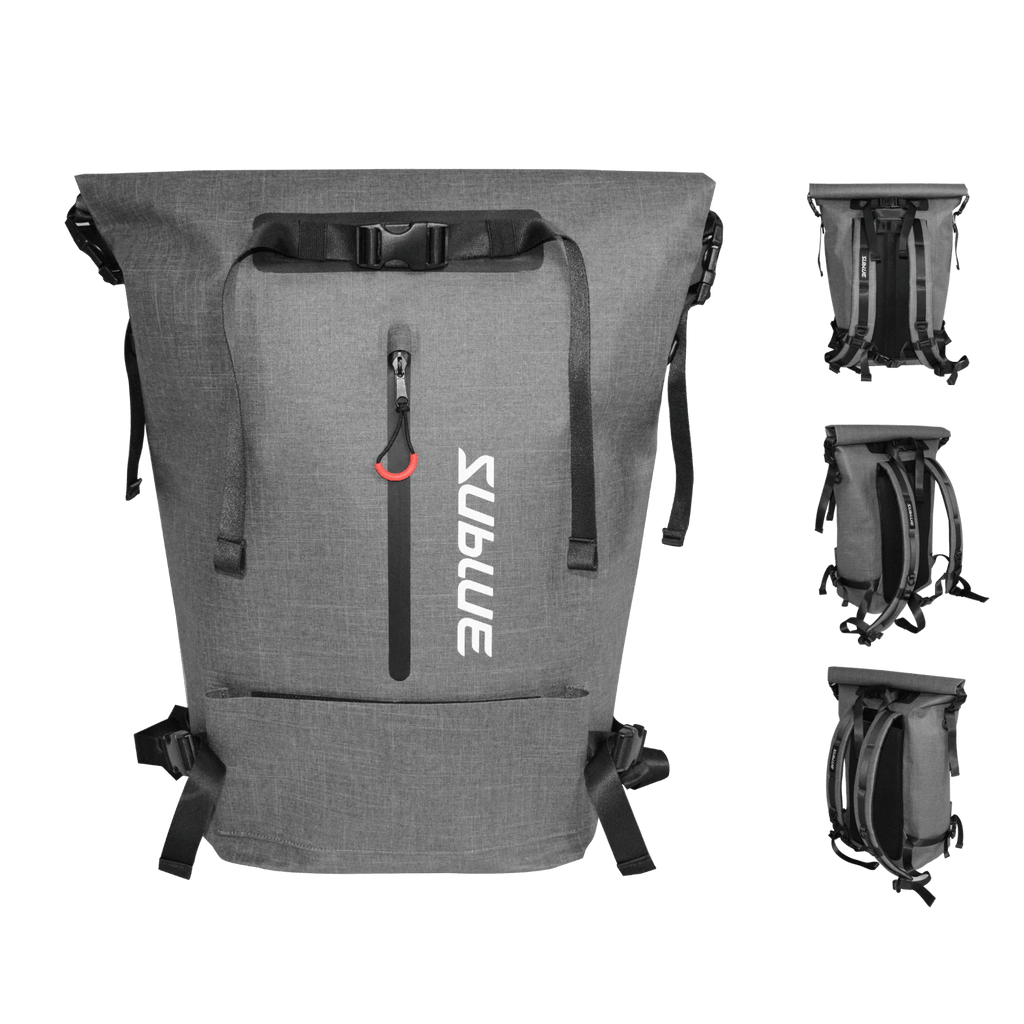 Gray waterproof roll-top backpack with front zip pocket, top handle, and adjustable shoulder straps