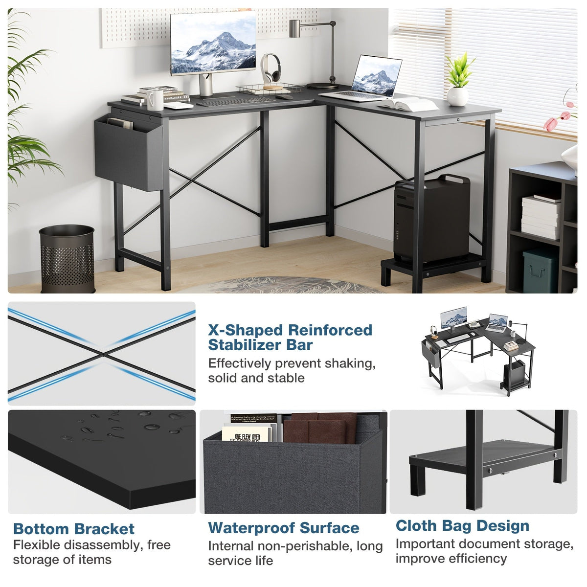 L-shaped corner computer desk with waterproof surface, bottom bracket, and cloth storage bag
