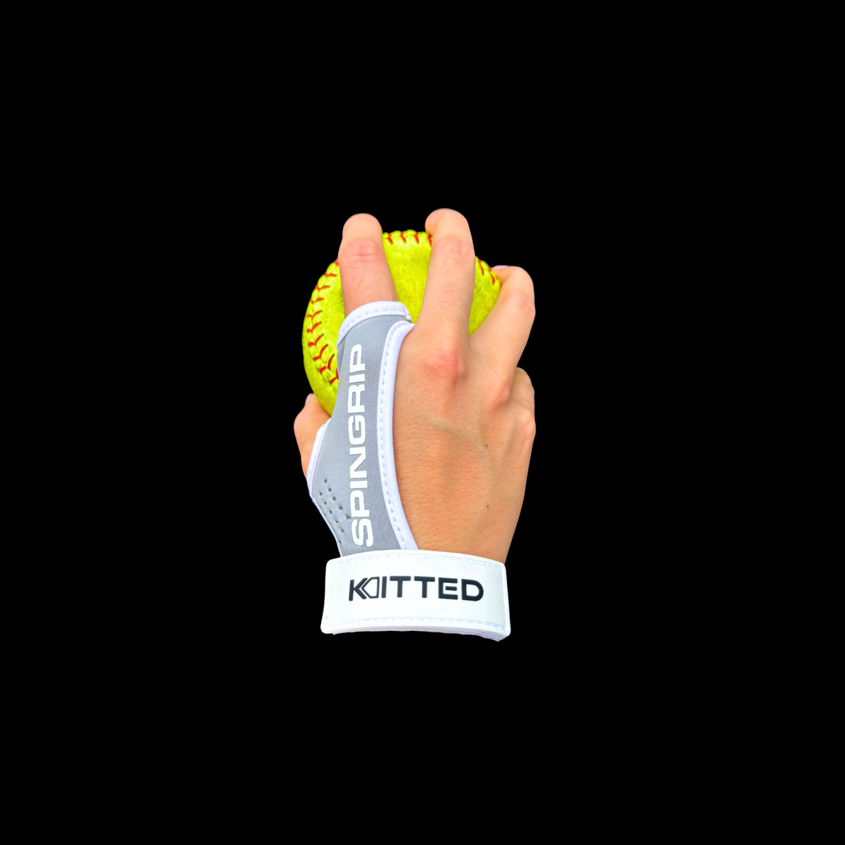 Softball training grip with neon yellow ball and white-gray wrist strap
