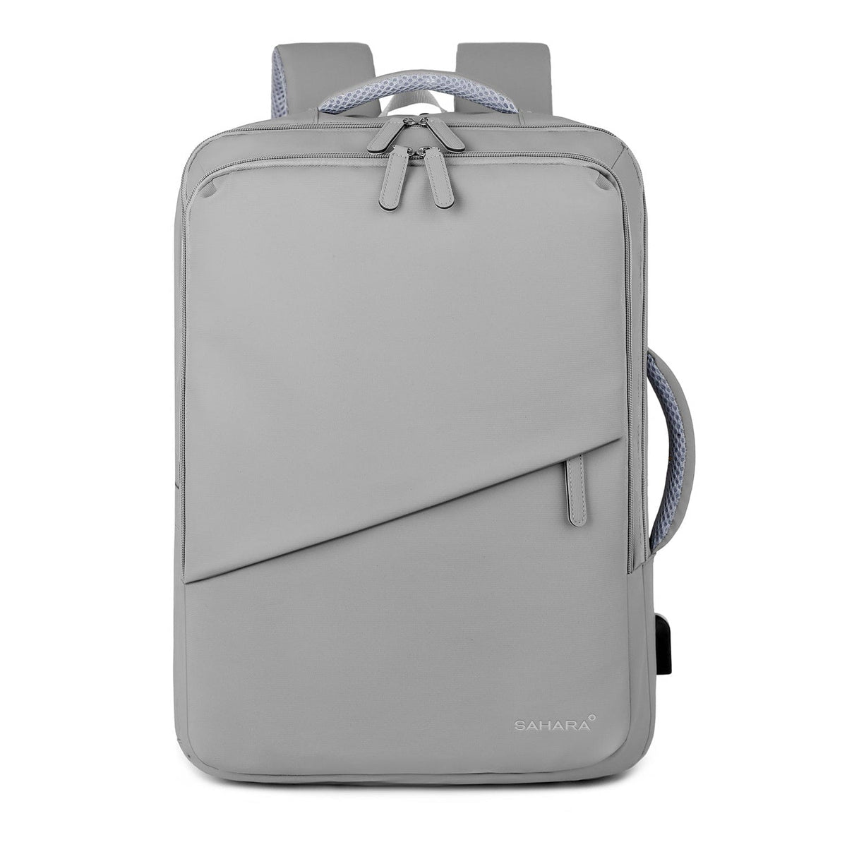 Light gray laptop travel backpack with top handle, front zip pocket, and side strap.