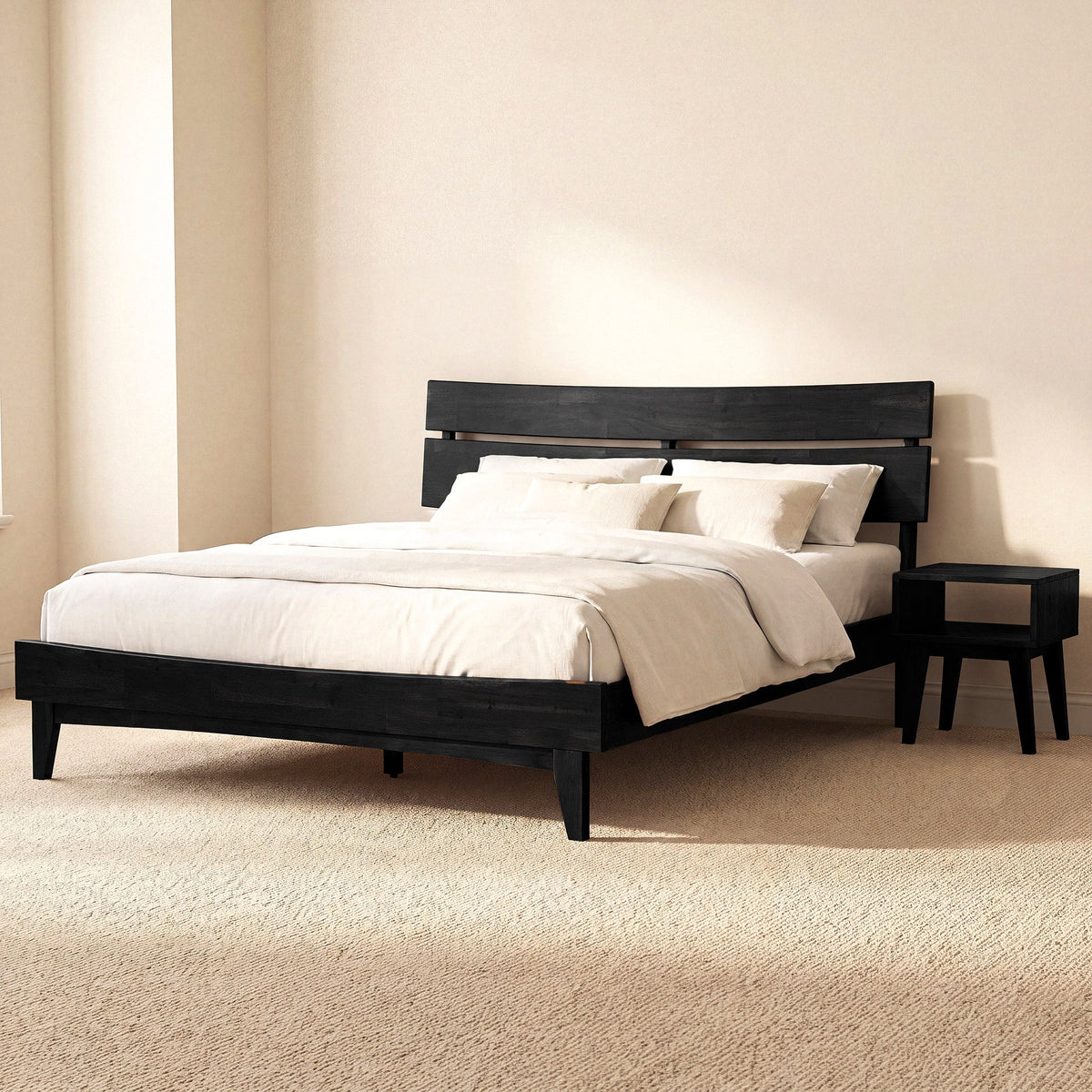Black solid wood bed frame with slatted headboard and matching nightstand