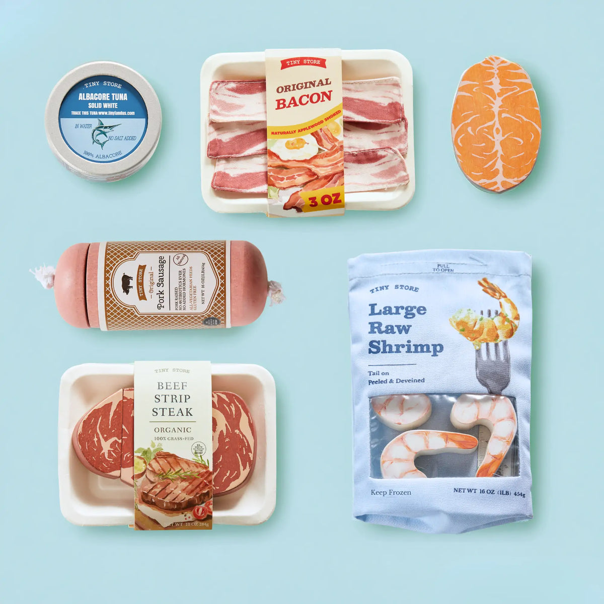 Organic meat and seafood play food set with bacon, shrimp, tuna, and steak cuts