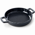 11-inch enameled cast iron grill pan with dual loop handles and ridged grate surface