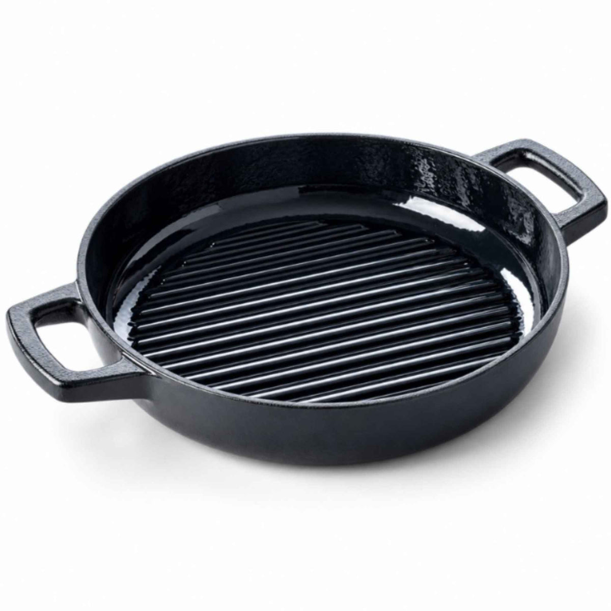 11-inch enameled cast iron grill pan with dual loop handles and ridged grate surface