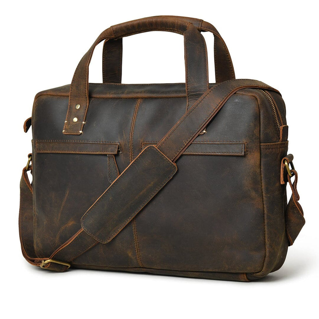 Dark brown leather briefcase with shoulder strap and front organizer flap pockets