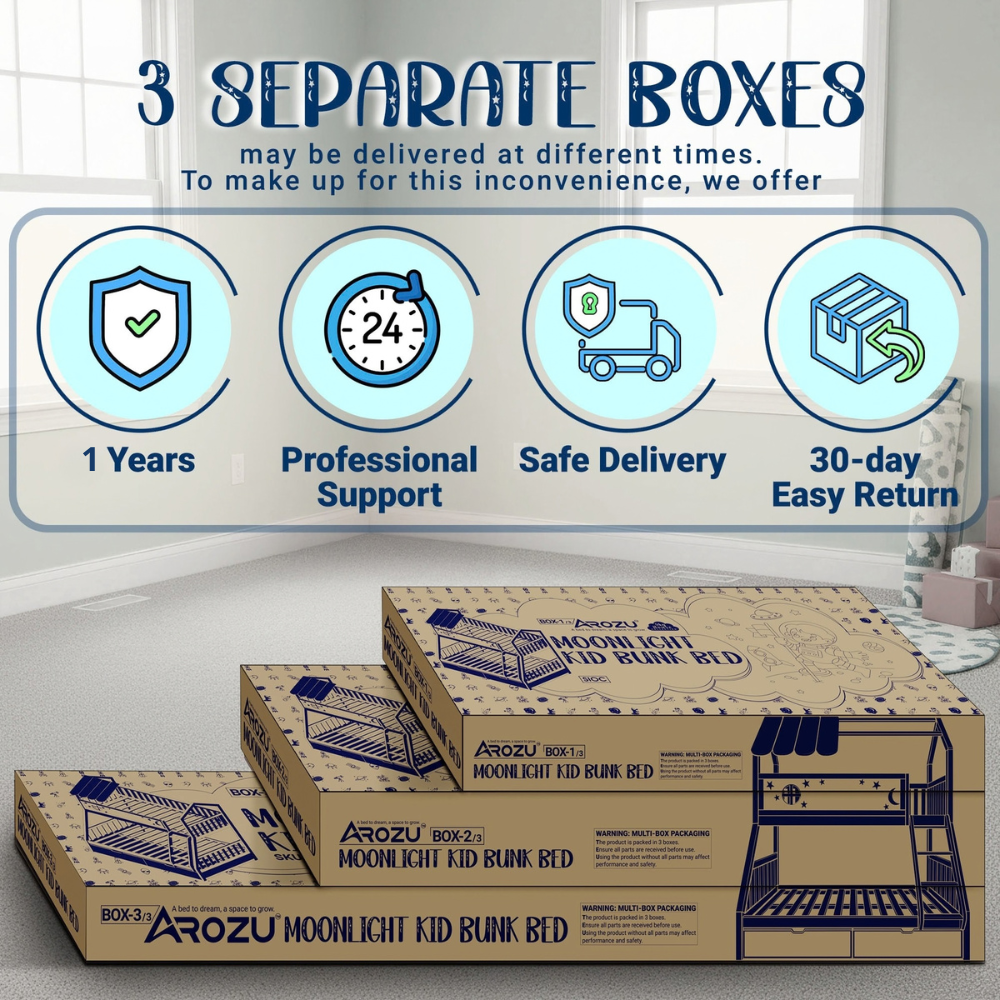 Shipping box set for Moonlight Kid bunk bed with blue-and-white printed labels