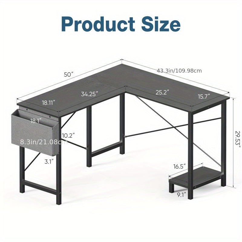 L-shaped corner desk product size diagram with overall dimensions and side shelf