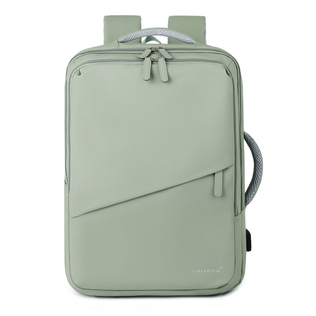 Light green travel backpack with top handle, front zip pocket, and side strap