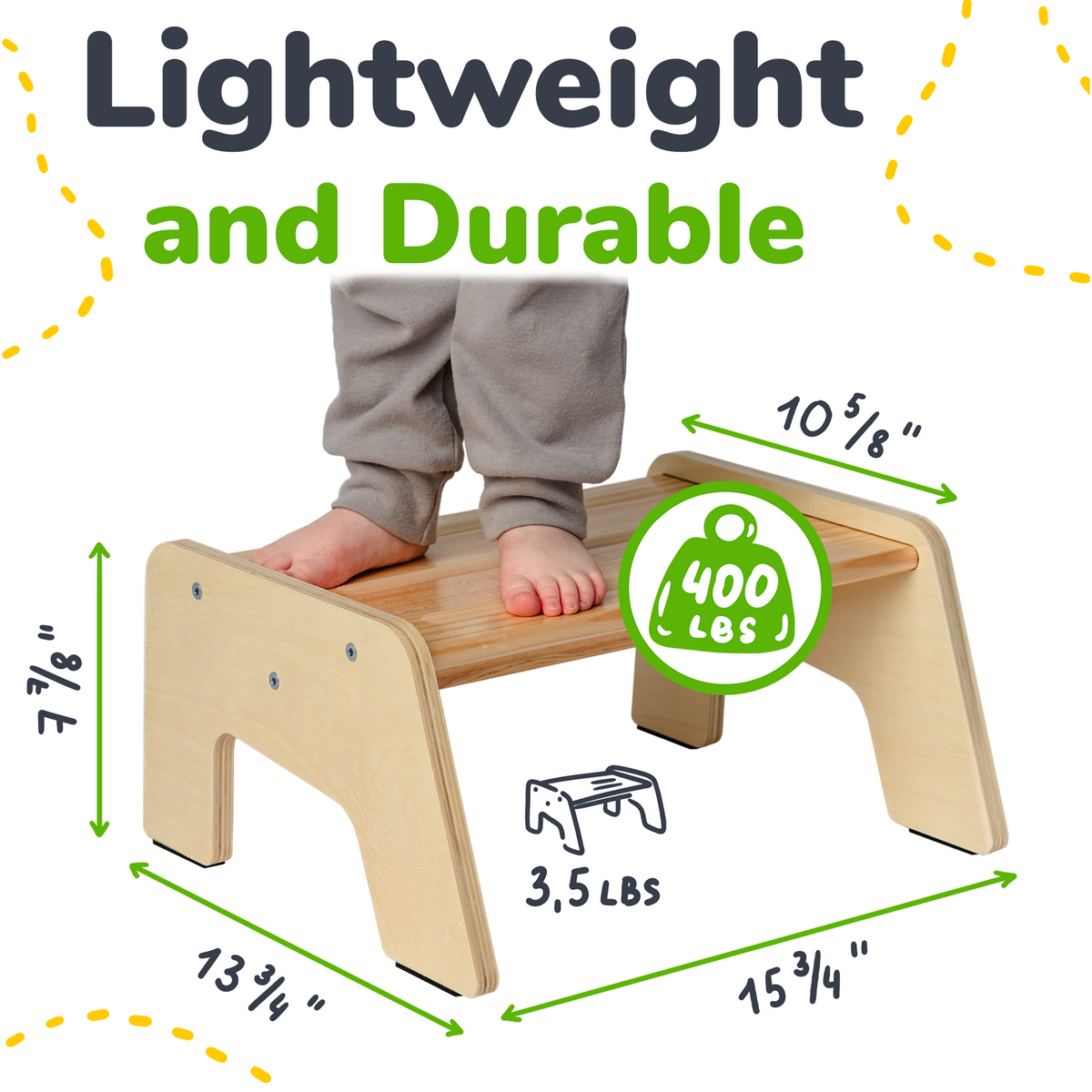 Lightweight wooden step stool with child standing on the platform