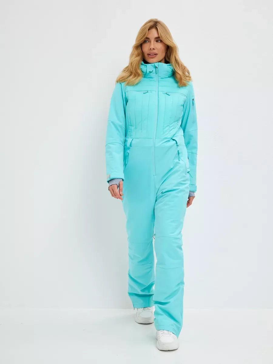 Mint waterproof insulated ski jumpsuit with full zip and hood, front view.
