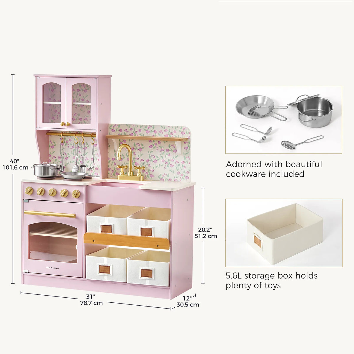 Yellow wooden play kitchen size diagram with included stove accessories and storage boxes