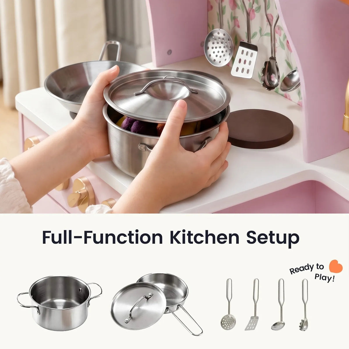 Hands holding a metal pot on a yellow wooden play kitchen stove top