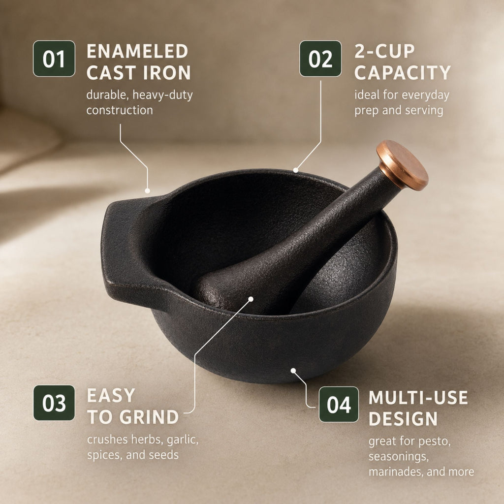 Black enameled cast iron mortar and pestle set with copper handle