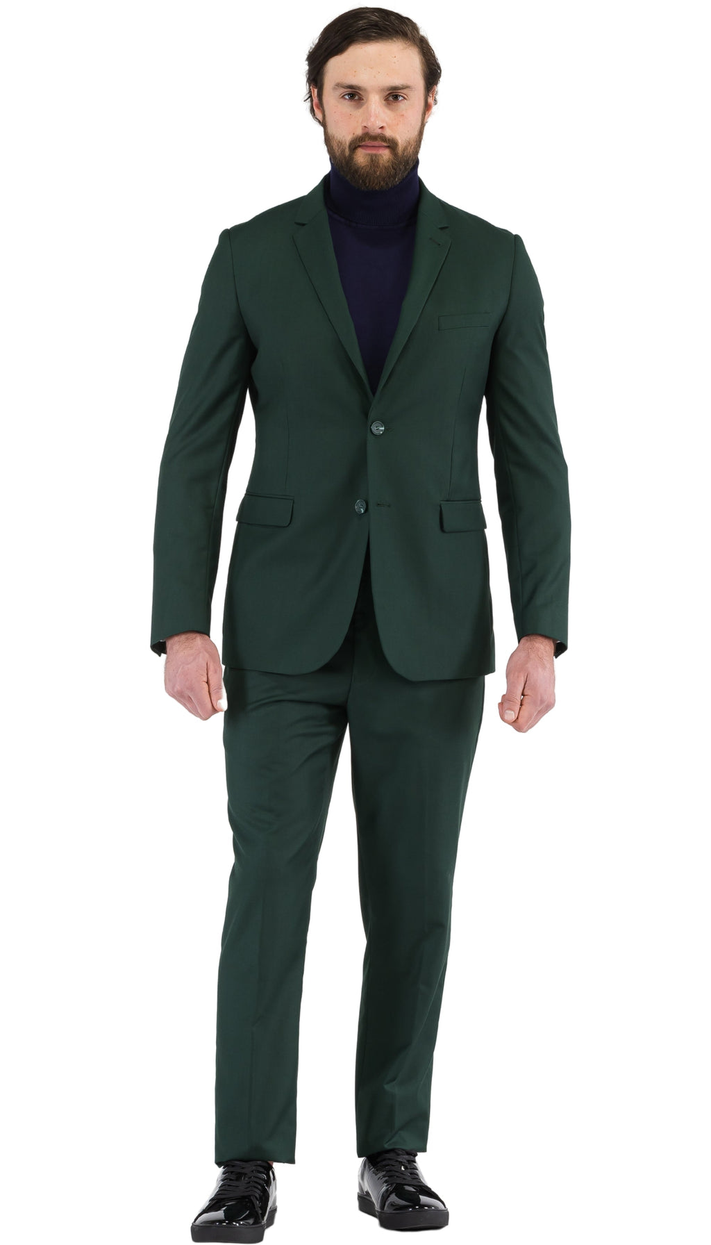 Men's hunter green slim-fit suit front view, notch lapel blazer and side pockets
