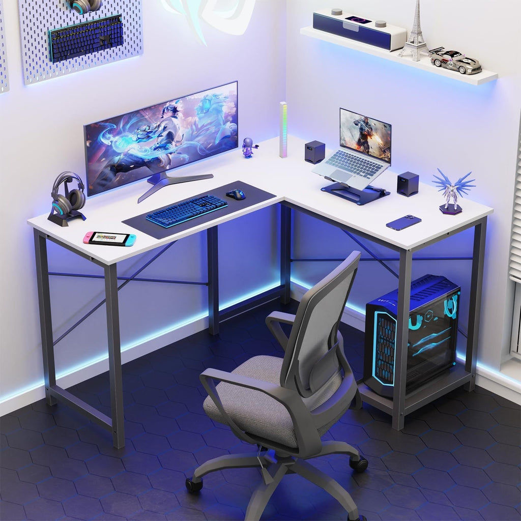 L-shaped corner computer desk with storage pocket, dual work surfaces, open shelf