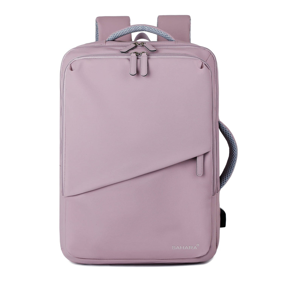 Purple orchid travel backpack with front organizer panel and zip top closure