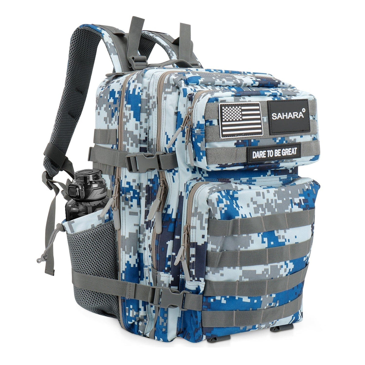 Blue camouflage travel backpack with front patch panel and side bottle holder pockets.