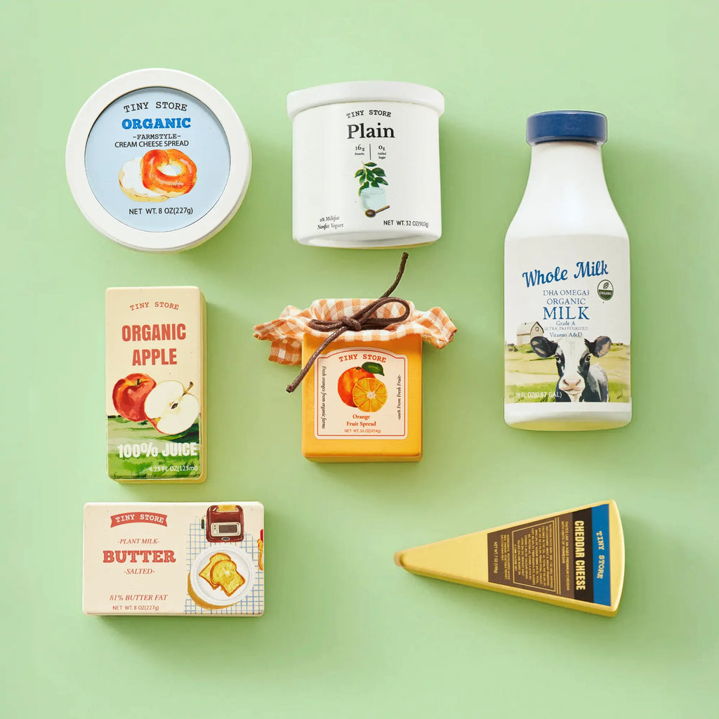 Pretend organic dairy play food set with milk bottle, cheese spread tub, butter and cheese