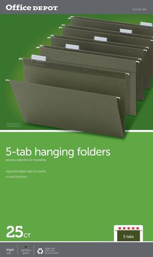 25-pack legal hanging file folders with 5-tab dividers in dark green, shown in packaging