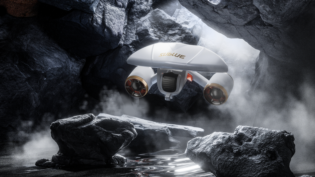 White underwater drone with front camera and orange-ring propellers