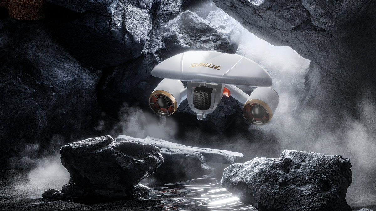 White underwater drone with front camera and orange-ring propellers