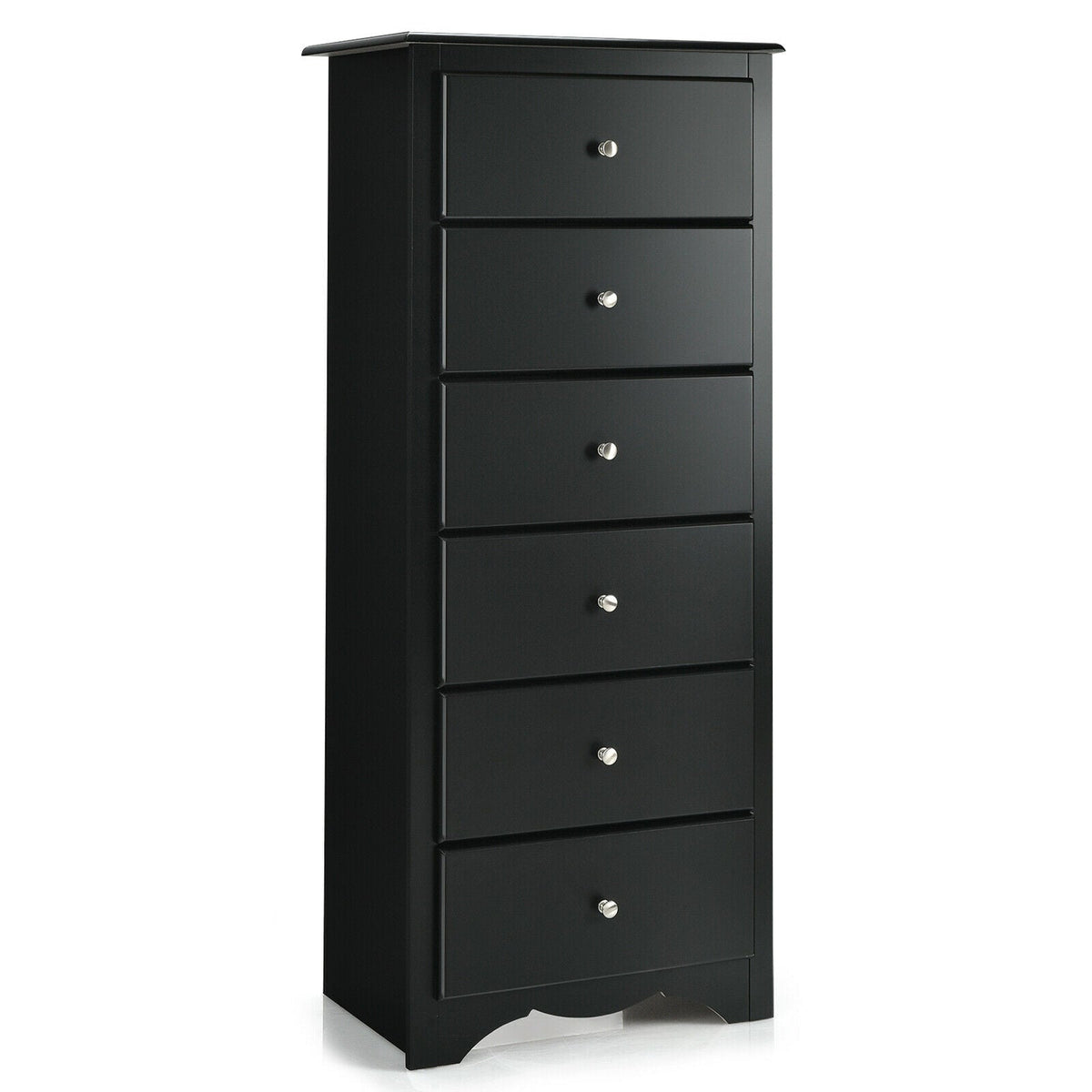 Black 6-drawer chest dresser with six front drawers and round metal knobs.