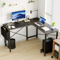L-shaped corner computer desk with dark wood-style surfaces and side storage drawer