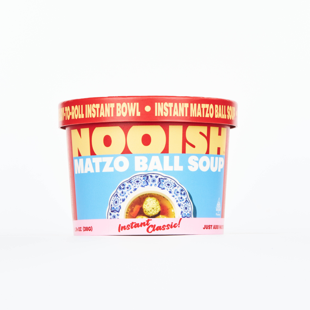 Soup cup front label with red rim and blue matzo bowl graphic