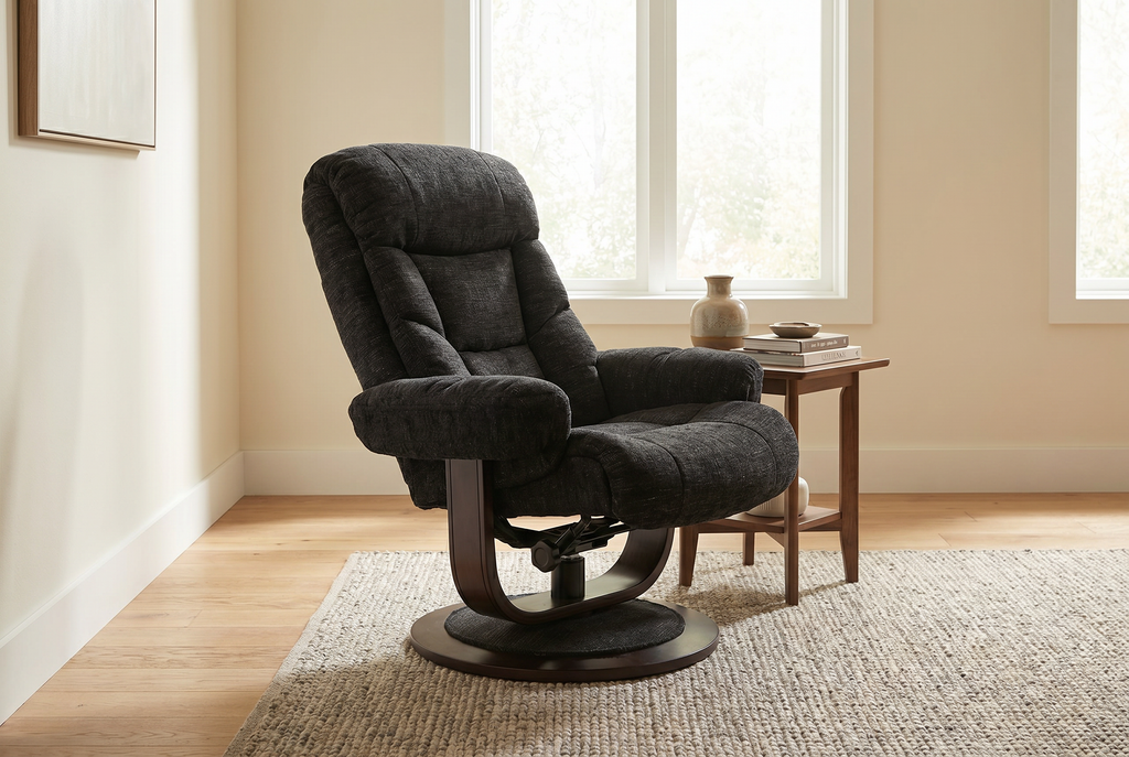 Dark fabric recliner chair with padded headrest and round swivel base