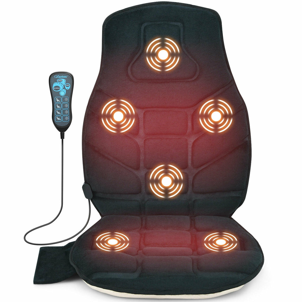 Dark seat cushion massager with glowing heat nodes and remote control cord.