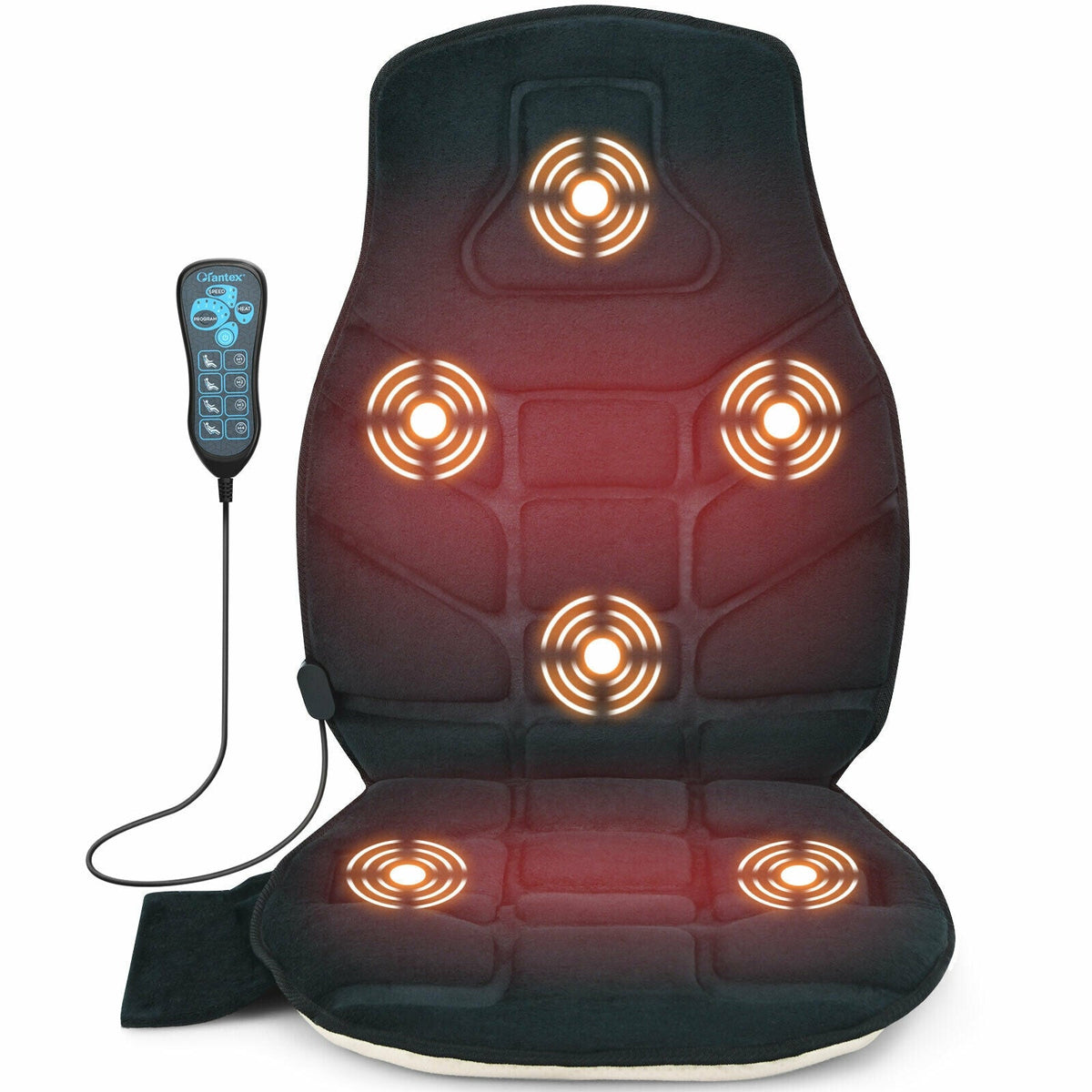 Dark seat cushion massager with glowing heat nodes and remote control cord.