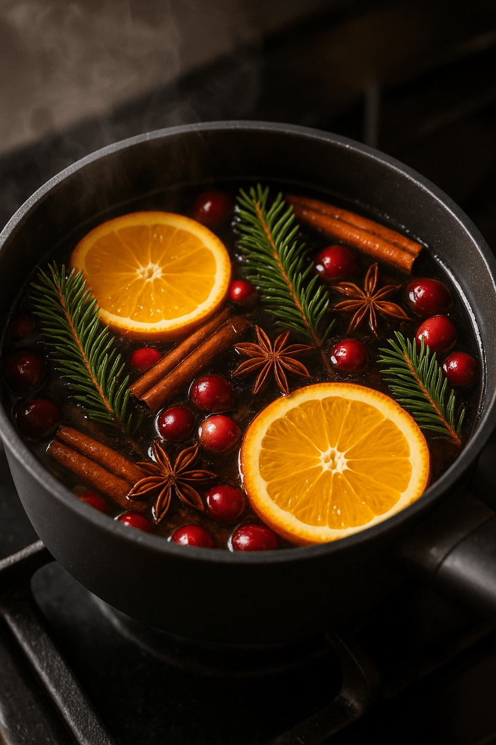 Simmering pot of stovetop potpourri with orange slices, cinnamon, and berries