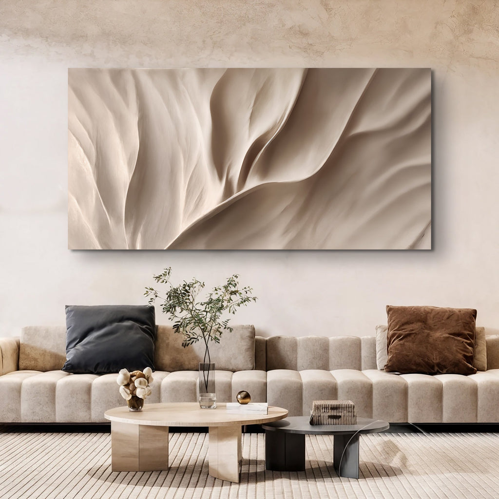 Beige abstract wave wall art framed canvas with flowing drape fold pattern