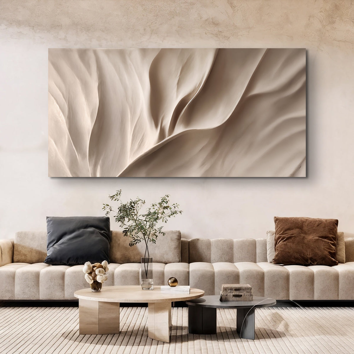 Beige abstract wave wall art framed canvas with flowing drape fold pattern