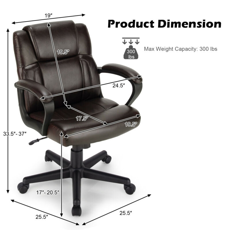 Dark leather office chair with armrests shown with product dimensions and max weight callout.
