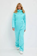 Mint waterproof insulated ski jumpsuit with zip front and raised collar