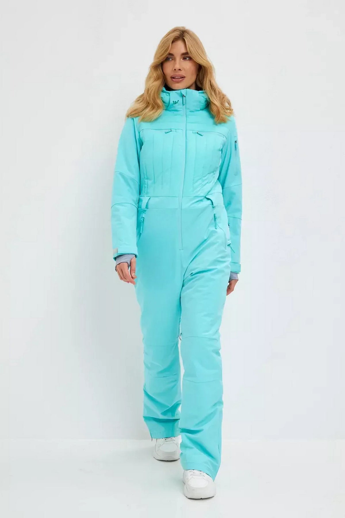 Mint waterproof insulated ski jumpsuit with zip front and raised collar