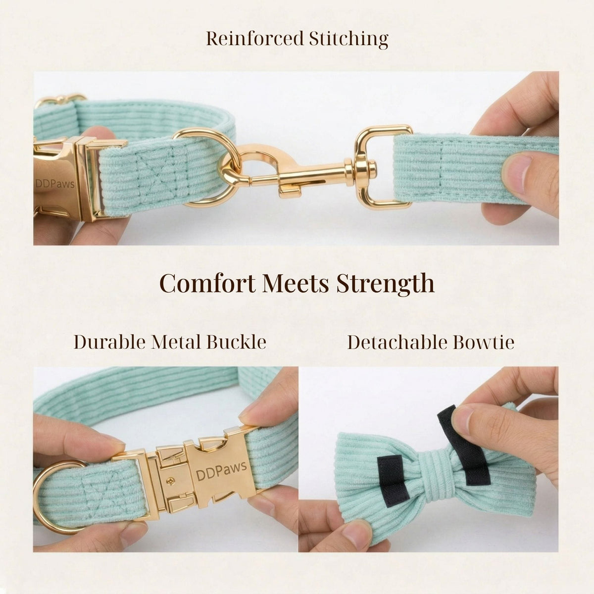 Light teal corduroy collar and leash with reinforced stitching, metal buckle, bowtie